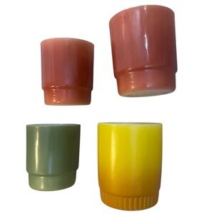 Vtg Milk Glass Fire King Mugs x4 Avocado Green Rust Mustard Yellow Stacking MCM